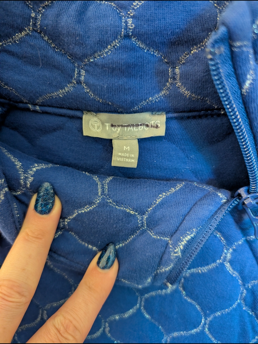 Talbots Royal Blue Quilted Zip Mock-Neck Pullover - Picture 3 of 6